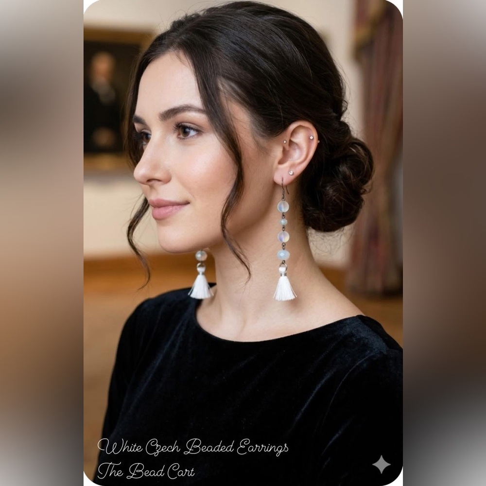 White Czech beaded earrings